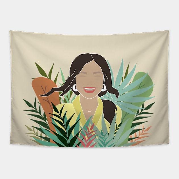 Laughing girl and big multicolored leaves Tapestry by Nataliia1112