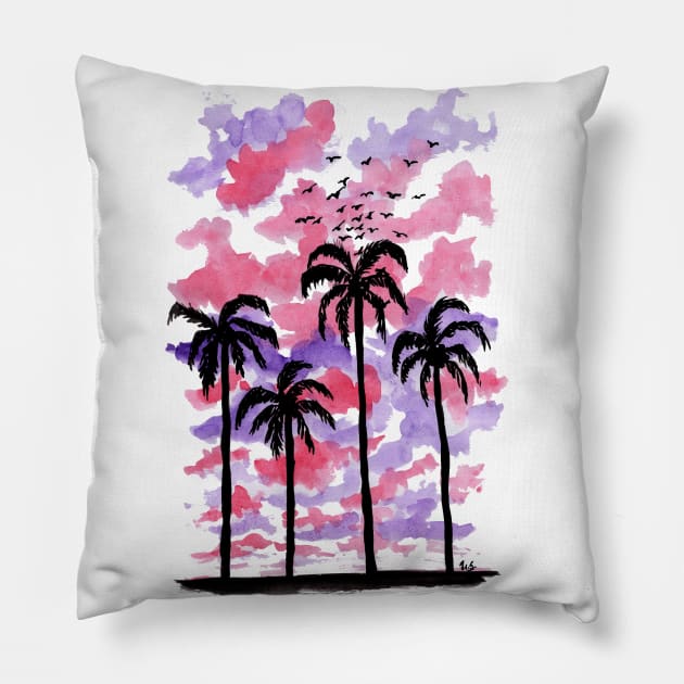 Pastel Clouds Coconut Trees Gouache Painting Pillow by Celestial Hue