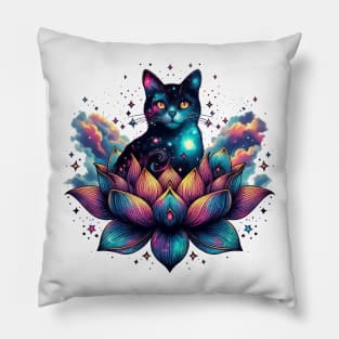 Colorful Abstract Cosmic Cat in Lotus Flower Pillow