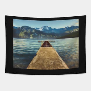 sea jetty and mountain view in winter Tapestry