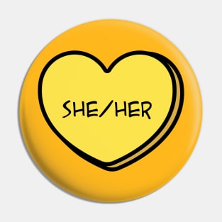 Pronoun She/Her Conversation Heart in Yellow Pin