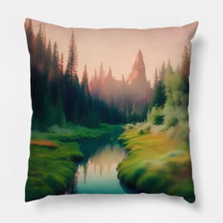 AI Generated Art Scenery - Lush Green Forest Mountains In The Back And River Pillow