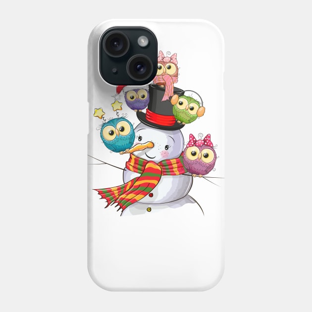 Cute snowman with little colorful owls sitting on it Phone Case by Reginast777