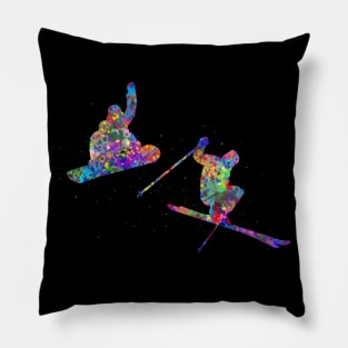 Ski and snowboard watercolor art Pillow