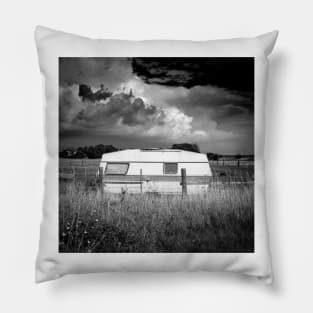 an abandoned caravan in an idyllic pasture Pillow