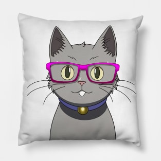 Cute Grey Cat with Nerdy Pink Glasses - Anime Wallpaper Pillow