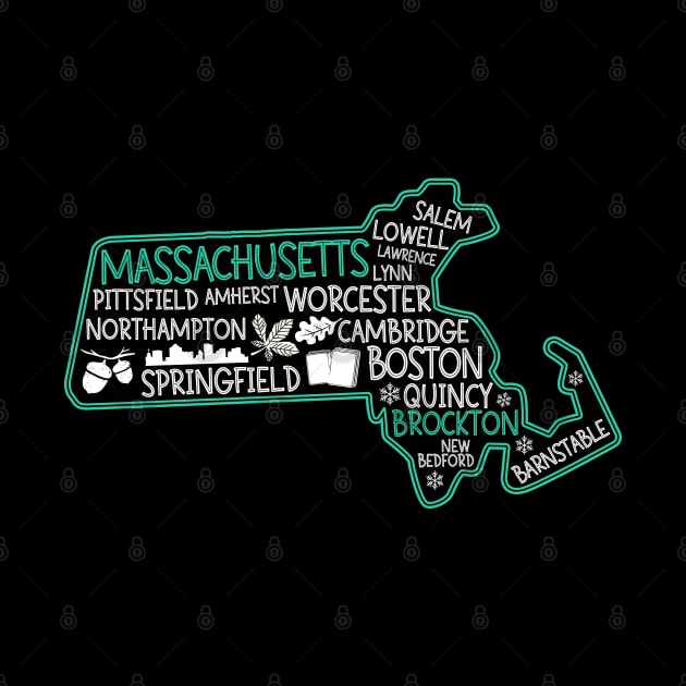 Massachusetts Brockton cute map Salem Lowell Lawrence Lynn Worcester Springfield by BoogieCreates