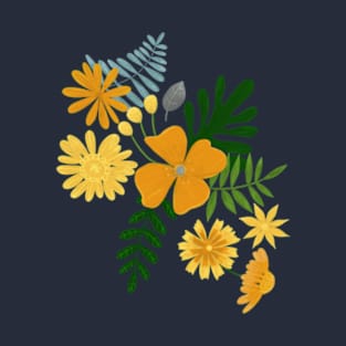 Botanical Pattern Orange and Yellow on Blue T-Shirt