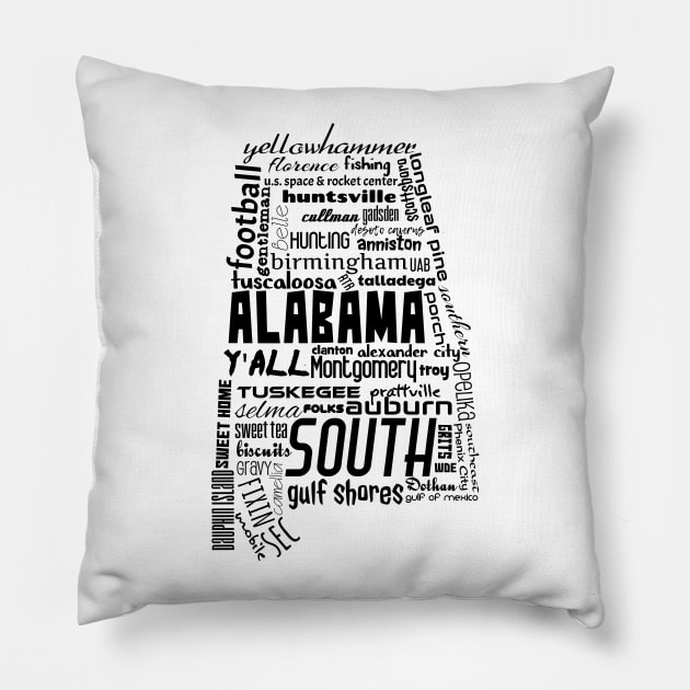 Alabama State Pride Word Cloud - Black Pillow by YellowhammerSweetTees