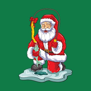 Ice Fishing Santa Claus Fisherman Christmas Winter T-Shirt