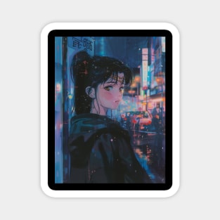 Anime Girl City Rainy Retro Magnet