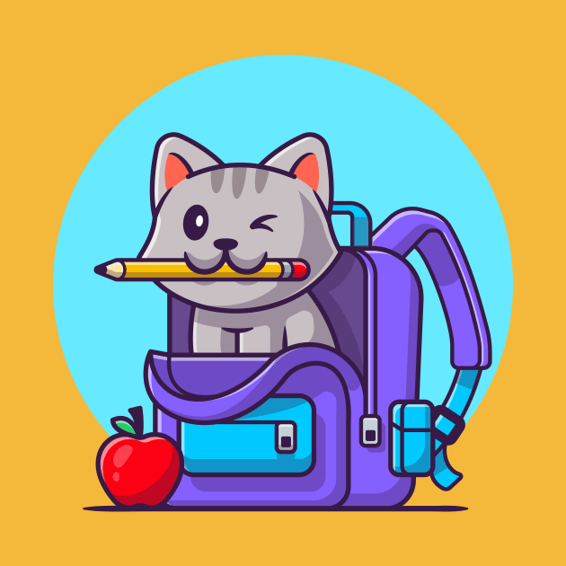 Cute Cat Biting Pencil With Bag And Apple Cartoon by Catalyst Labs