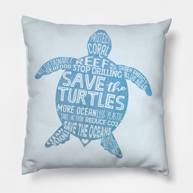 Save the Turtles - Blue Boho Turtle Silhouette Pillow by Jitterfly