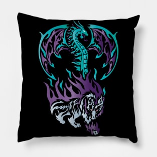 Tribal / Tattoo Art Style Ice Dragon and Grey Wolf Pillow