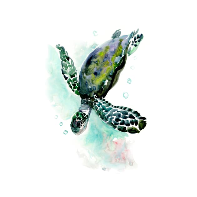 Sea Turtle, Blue turquoise olive green navy blue artwork underwater by surenart