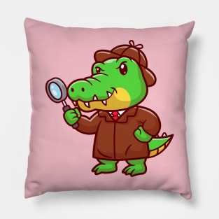 Cute Crocodile Detective With Magnifying Glass Cartoon Pillow