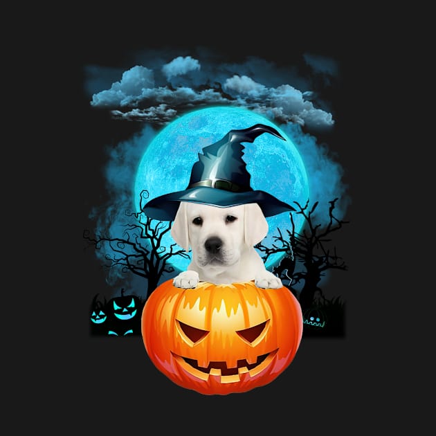 White Labrador Witch Hat Pumpkin And Blue Moon Halloween by PlumleelaurineArt