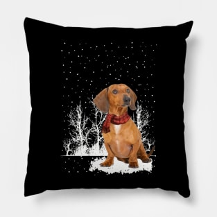 Christmas Red Dachshund With Scarf In Winter Forest Pillow