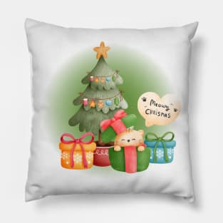 Christmas Tree with Cute Cat in Gift Box Pillow