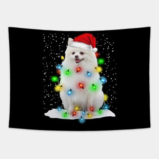 White Pomeranian Christmas Santa Hat Xmas Tree Color Lights Tapestry