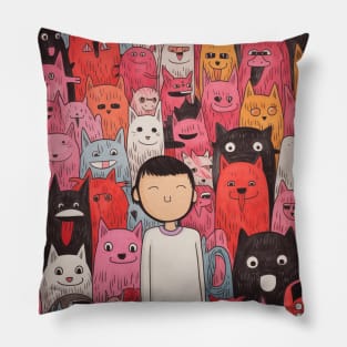 A Boy Surrounded by Playful Dogs 1 Pillow