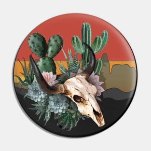 Cow Skull and succulents plant, sunset desert catus and flowers, cowgirl, rodeo Pin