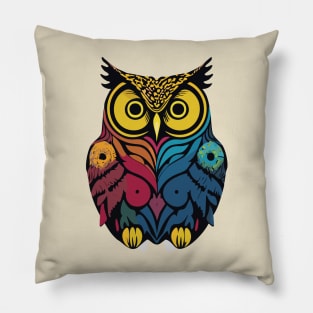 t-shirt design, colorful owl with yellow eyes on a black background, an airbrush painting Pillow