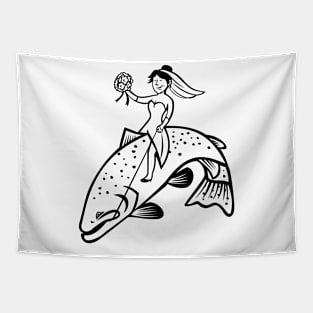 Bride Female Fisherman with Flower Bouquet Riding a Steelhead Trout Cartoon Black and White Tapestry