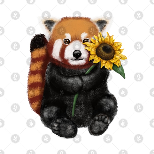 Cute Red Panda Holding Sunflower by Luna Illustration