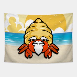 Beach crab cancer sea sun vacation yellow blue Tapestry