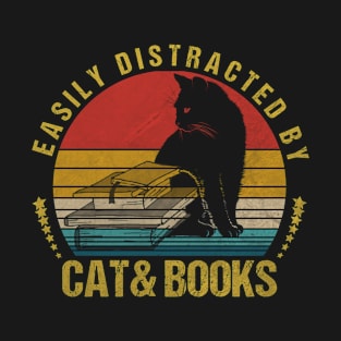 Funny Easily Distracted By Cats And Books Gifts T-Shirt