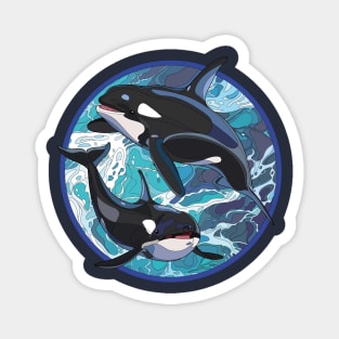 Oceanic Elegance: Stained Glass Style Circle Design T-Shirt with Two Orcas Magnet