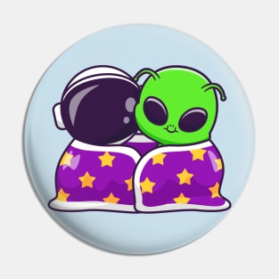 Cute Astronaut And Alien Wearing Blanket Together Cartoon Pin