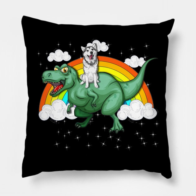 T Rex Dinosaur Riding Siberian Husky Pillow by LaurieAndrew