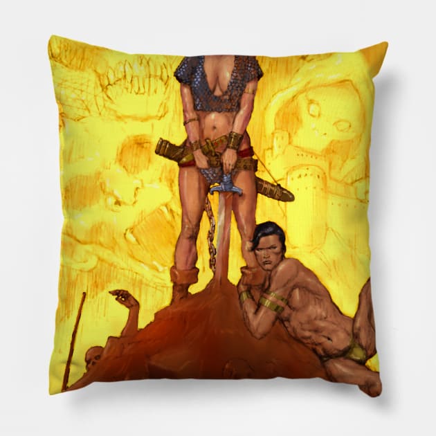 Red Sonja on a spoof of Frazetta's classic Conan Pillow by thecountingtree