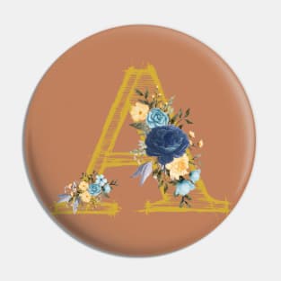 Monogram Letter A In Metallic Gold With Aesthetic Blue Flowers Botany And Sundial Background Pantone Color Pin