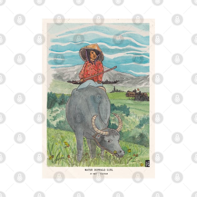 Girl Rides On Water Buffalo Vietnam Countryside by Wall-Art-Sketch