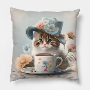 III.Cute cat in a hat with flowers and a cup of tea Pillow