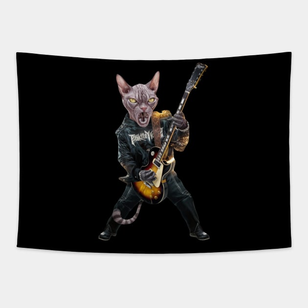 Cat Rock Sphynx Funny Electric Guitar Punk Rocker Gift For Cat Mum Mom Dad Heavy Metal Kitten Cats Lover Tapestry by DeanWardDesigns