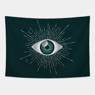 Teal Green Evil Eye Silver Eyelashes Sun Moon Star  Nazar Mati Talisman Tapestry