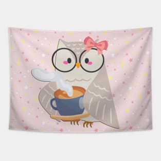 Funny cute owl in pink with coffee and stars Tapestry