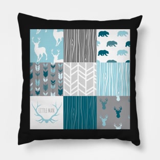 Little Man Patchwork Squares - Woodland Blue and Grey Pillow