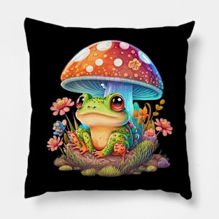 Cottagecore aesthetic frog on Mushroom Pillow