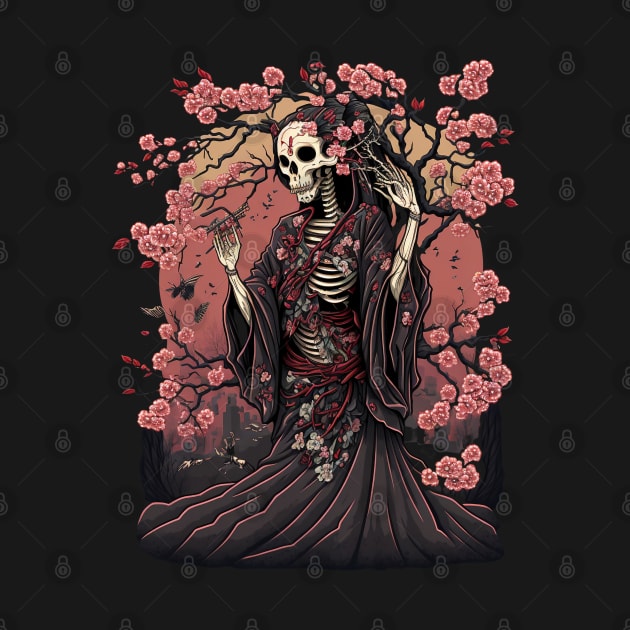 Skeletal Beauty A Lady in Kimono amidst Cherry Blossoms by PlayfulPrints