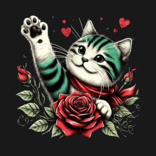 Cute Cat Paw Red Roses T-Shirt