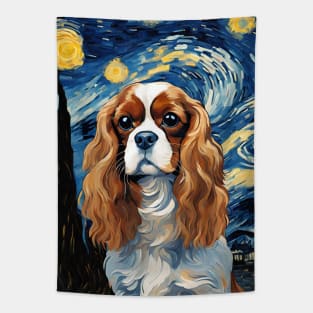 Adorable Cavalier King Charles Spaniel Dog Breed Painting in a Van Gogh Starry Night Tapestry