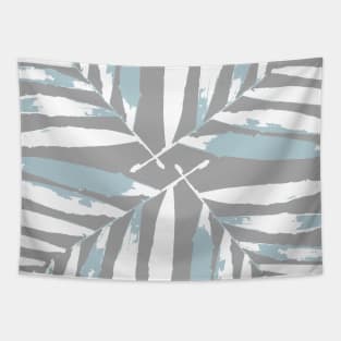 Geometric palm leaves white blue on silver grey , leaves, tropical , fall,  TeePublic Tapestry