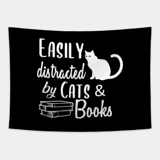 Easily Distracted by cats and Books Funny Cat Lovers Gift Tapestry