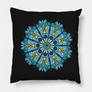 Monochromatic Blue and Green Mandala with Hint of Yellow Graphic Design, Artwork Pillow