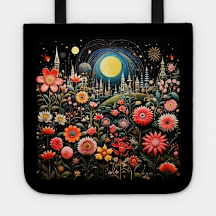 Surrealistic Folk Art Dark Floral Motif Blooming Flowers Garden Tote